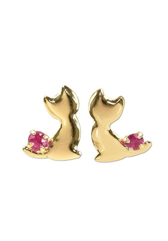 四葉のクローバー] 18金 ルビー 猫 ピアス 18k K18 ゴールド7月