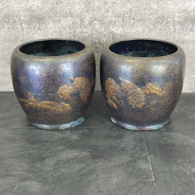 新潟県燕 志のぶ 銅製 火鉢 2点セット 亀 茶道具 約 25|25|23cm 1個1.3kg |5102077