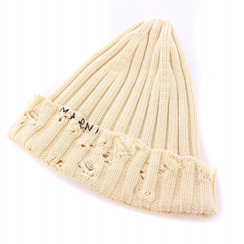 マルニ MARNI コットンビーニー ニット帽 帽子 リブ ロゴ 刺繍 ダメージ加工 ベージュ CLZC0091A1 |BB