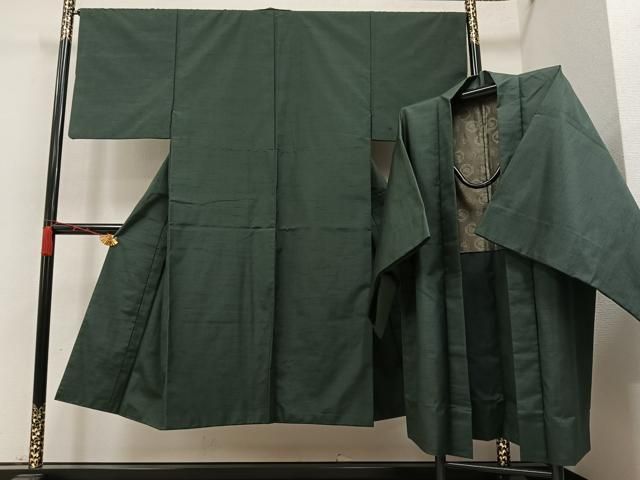 平和屋着物○男性 お召 アンサンブル 色無地 暗黒色 正絹 逸品 CAAY9576th