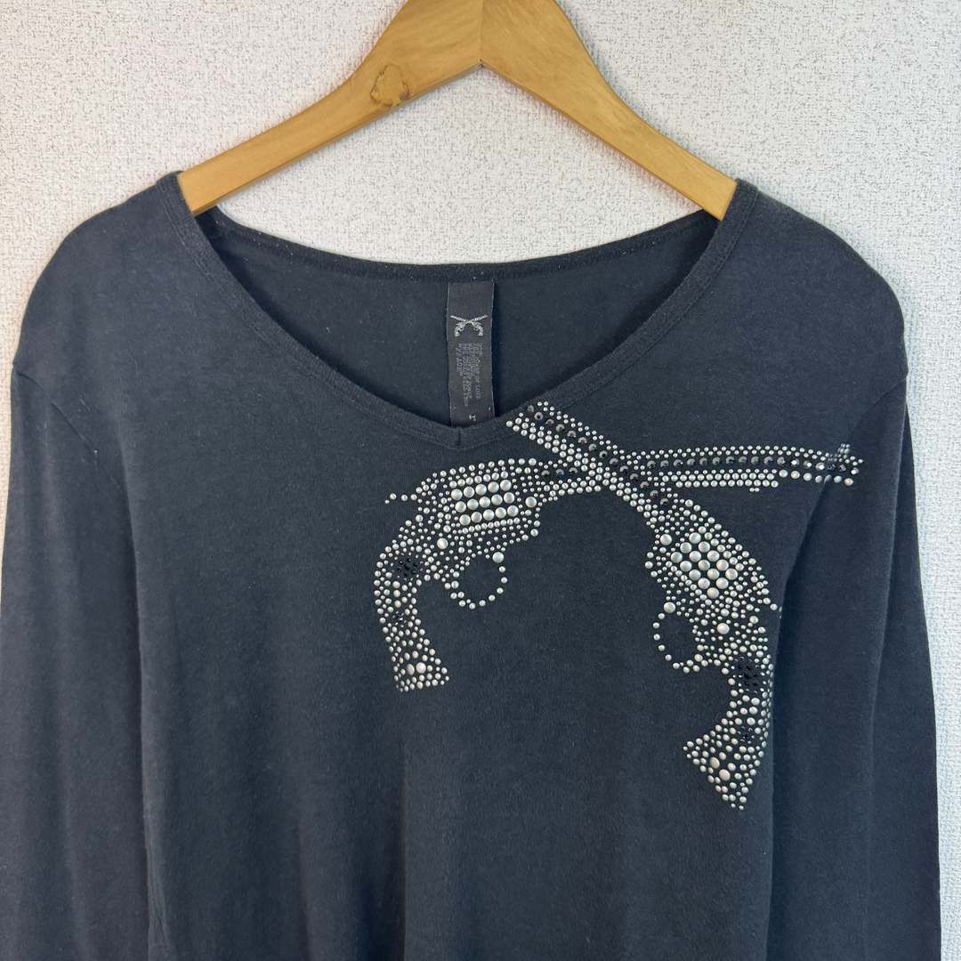 roar ロアー Vネック 長袖Tシャツ ラインストーン 二丁拳銃 ブラック
