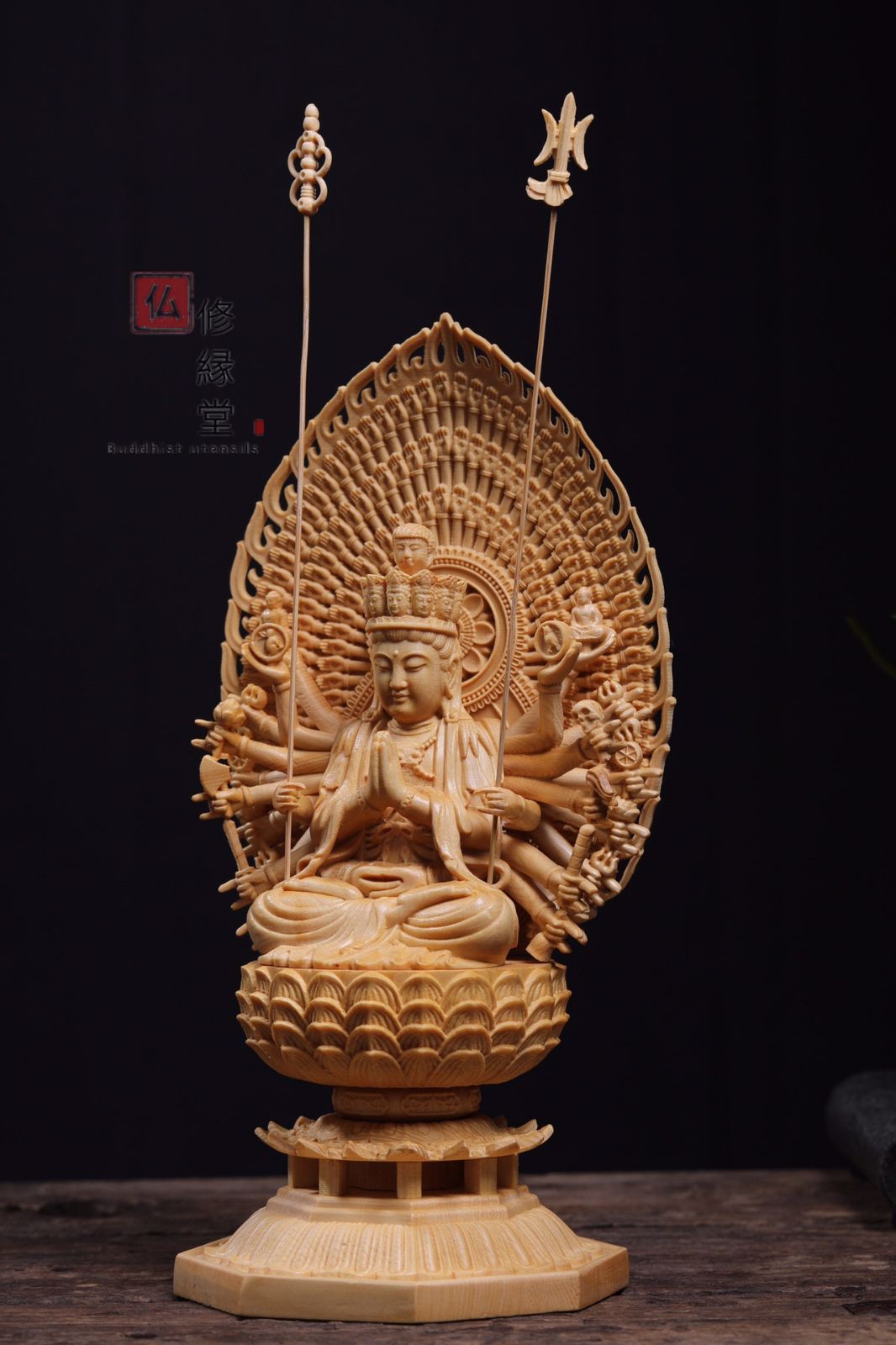 修縁堂】大迫力 木彫り 仏像 千手観音菩薩立像 彫刻 一刀彫 天然木