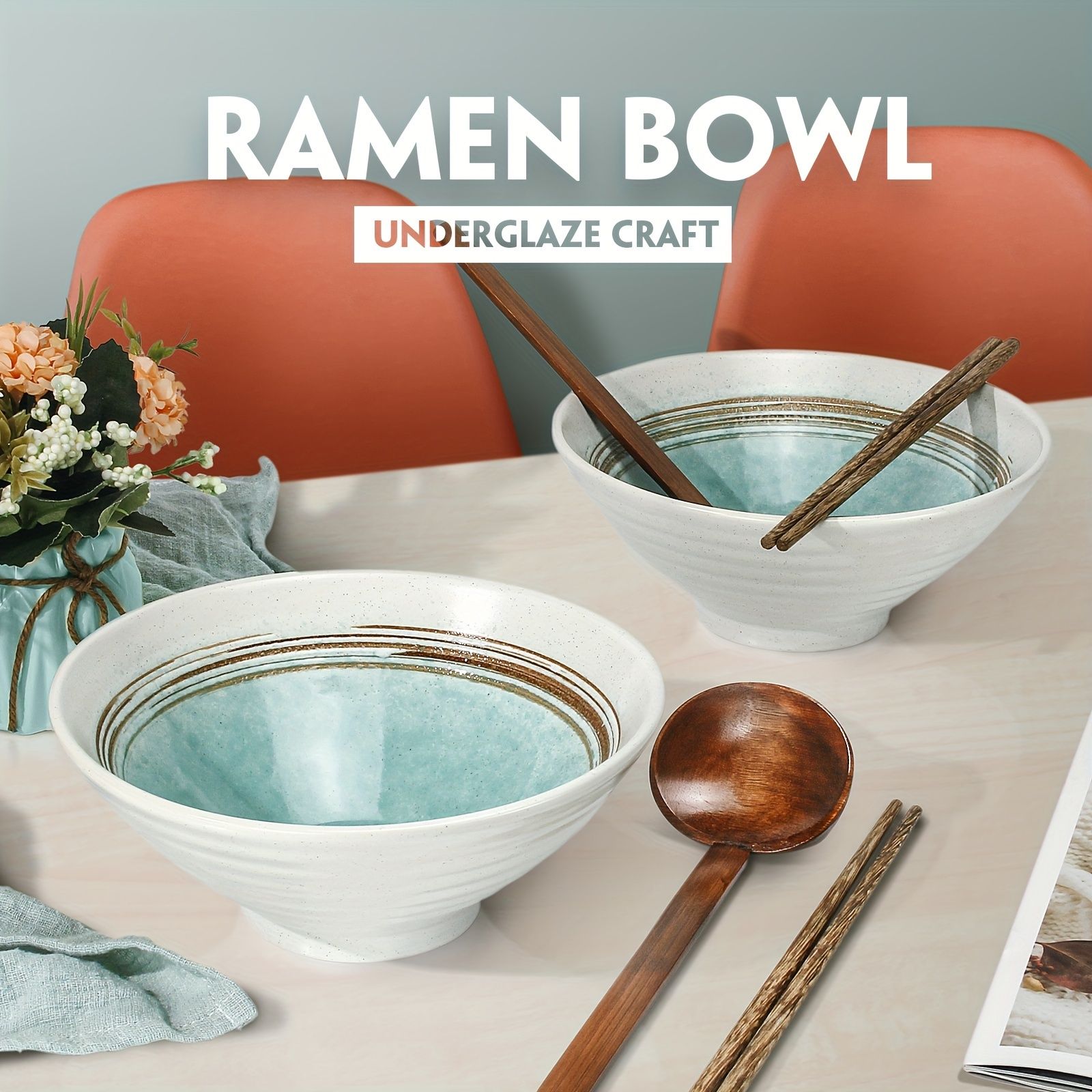 セラミック ラーメン ボウル セット スプーンと箸付き - 屋外対応の丸型ボウル アジア料理用 大きなスープボウル フォー 味噌 うどん キッチン ダイニング エッセンシャル 理想的な新築祝いギフト - ボウル2個 スプーン2個 箸4膳入り
