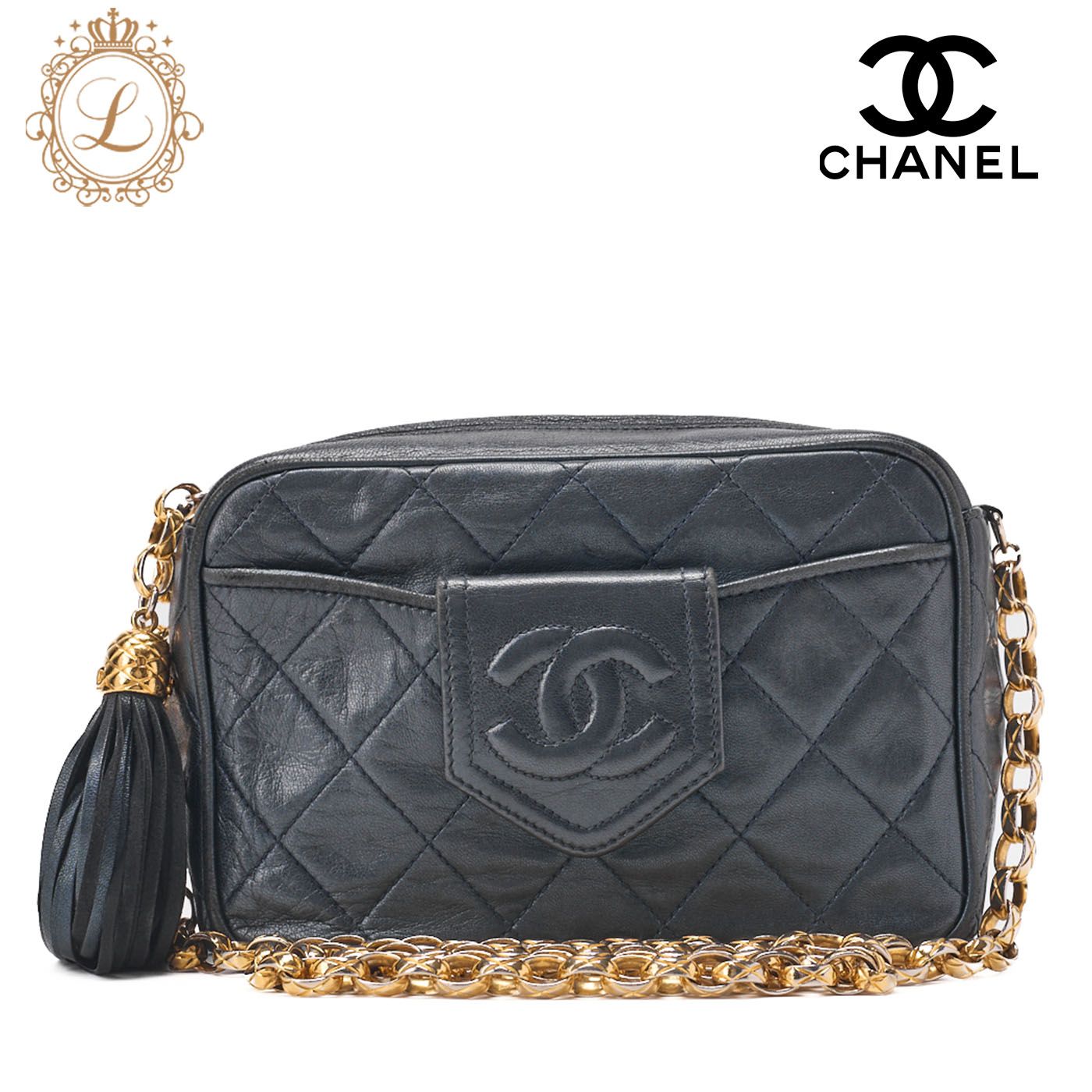CHANEL シャネル マトラッセ ココマーク フリンジ付き ビジューチェーンショルダー ラムスキンネイビー ゴールド金具 レディースバッグ ハイブランド 送料無料