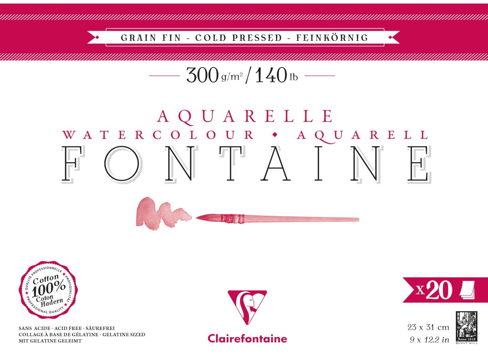 クレールフォンテーヌ 水彩紙 【フォンテーヌ】 中目 23×31（20枚入） ブロック 画用紙 超厚口 300g Clairefontaine cf975500