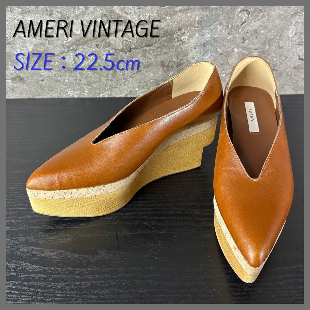 完売品 AMERI Vカット ウッド プラットフォーム パンプス Lサイズ AMERI アメリ プラットフォームパンプス レザー ウッド Vカット
