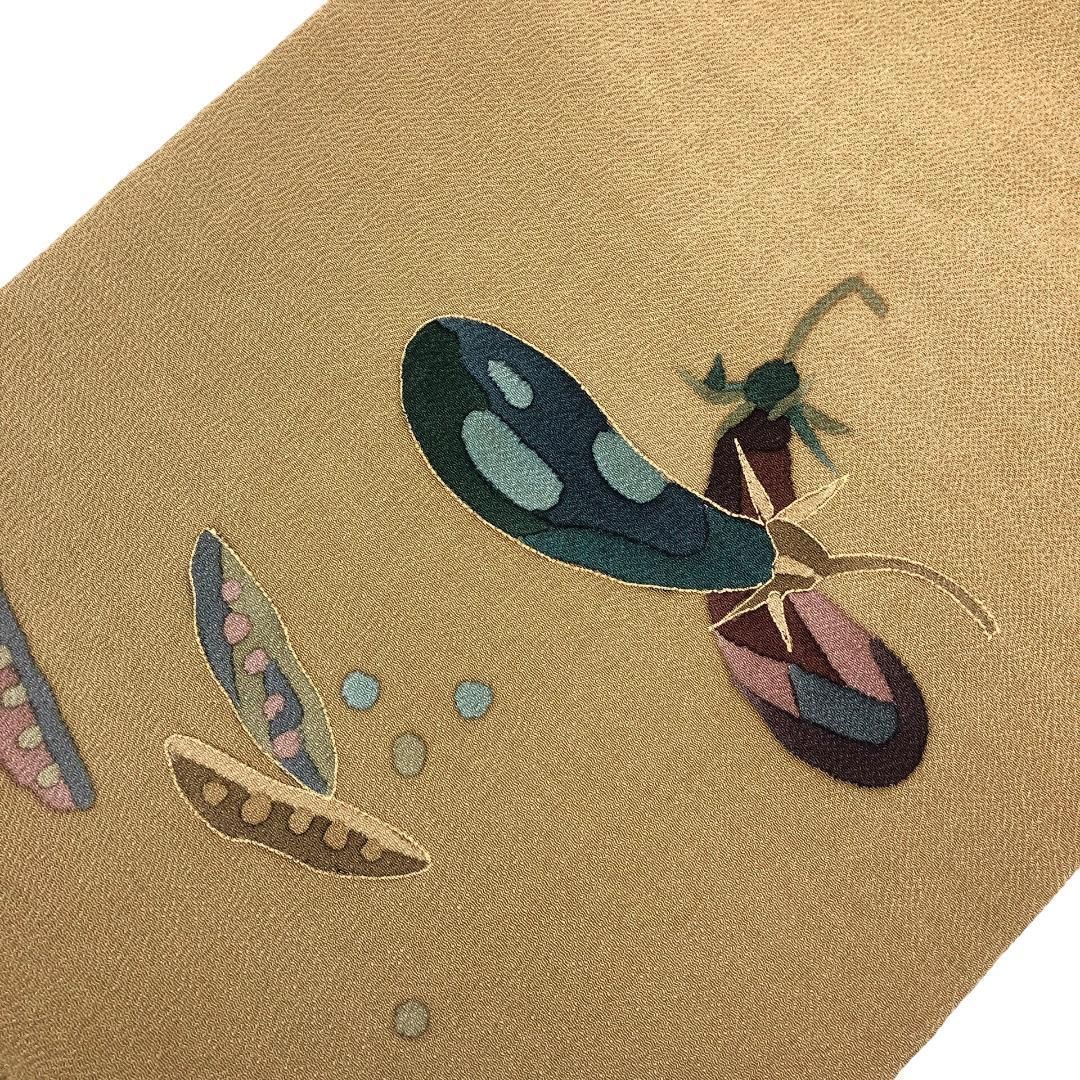 名古屋帯 野菜柄 茄子 豆 縮緬 国防色 長尺 O-5543