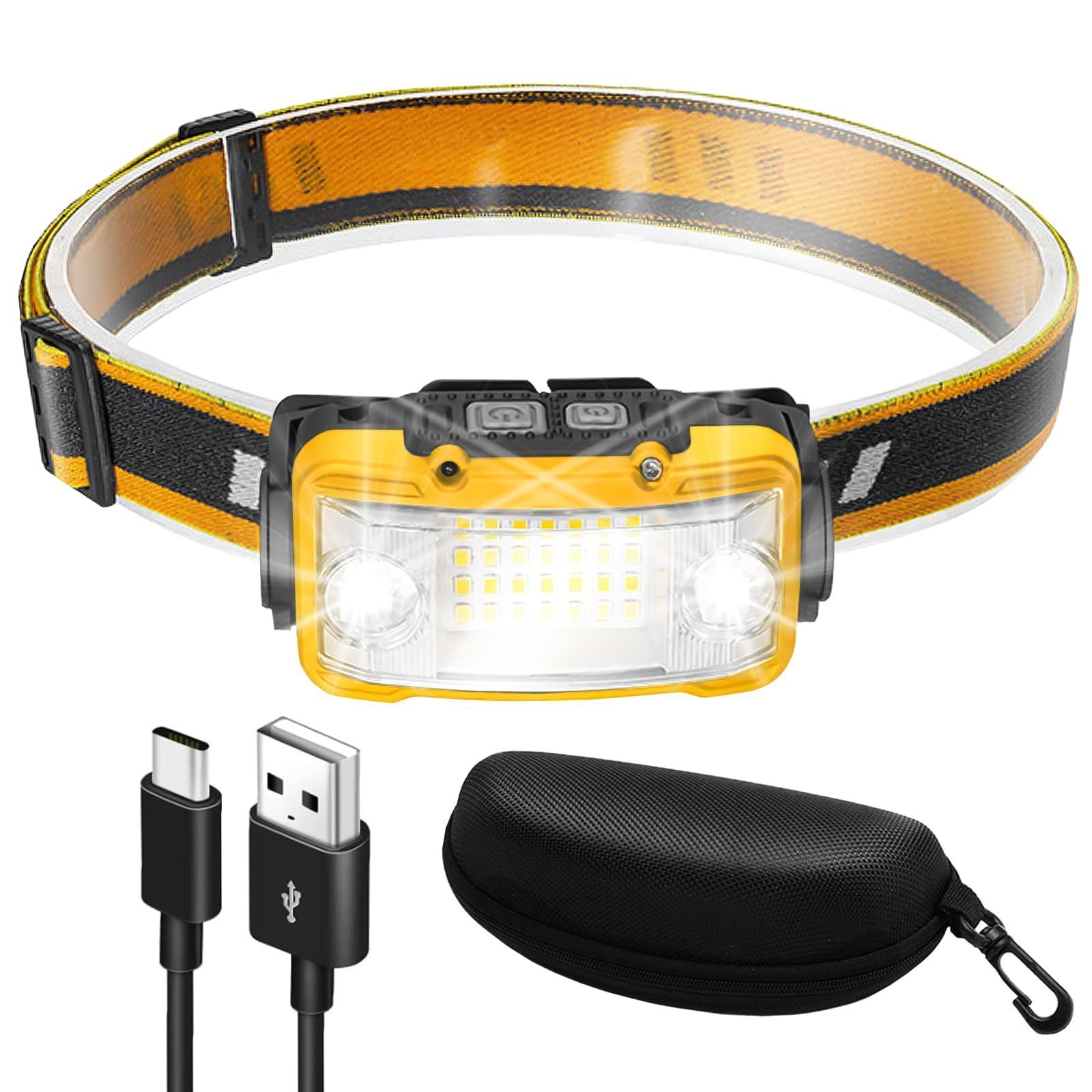 Cercano ヘッドライト USB充電式 ネックライト 高輝度 USB 超広角 軽量 小型 センサー搭載 LED 防災 防水 キャンプ 登山 ハイキング 釣り (Yellow)