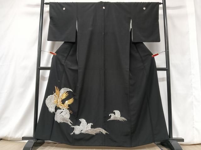 平和屋着物□豪華黒留袖 総刺繍 立波飛鶴文 金銀糸 正絹 逸品