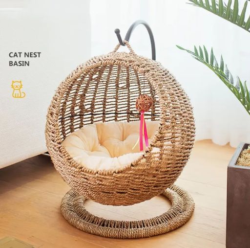 半閉鎖ペットハンモック猫の巣猫のケージ丸い猫の吊り猫のベッドバスケットラットン夏の猫のハンモック