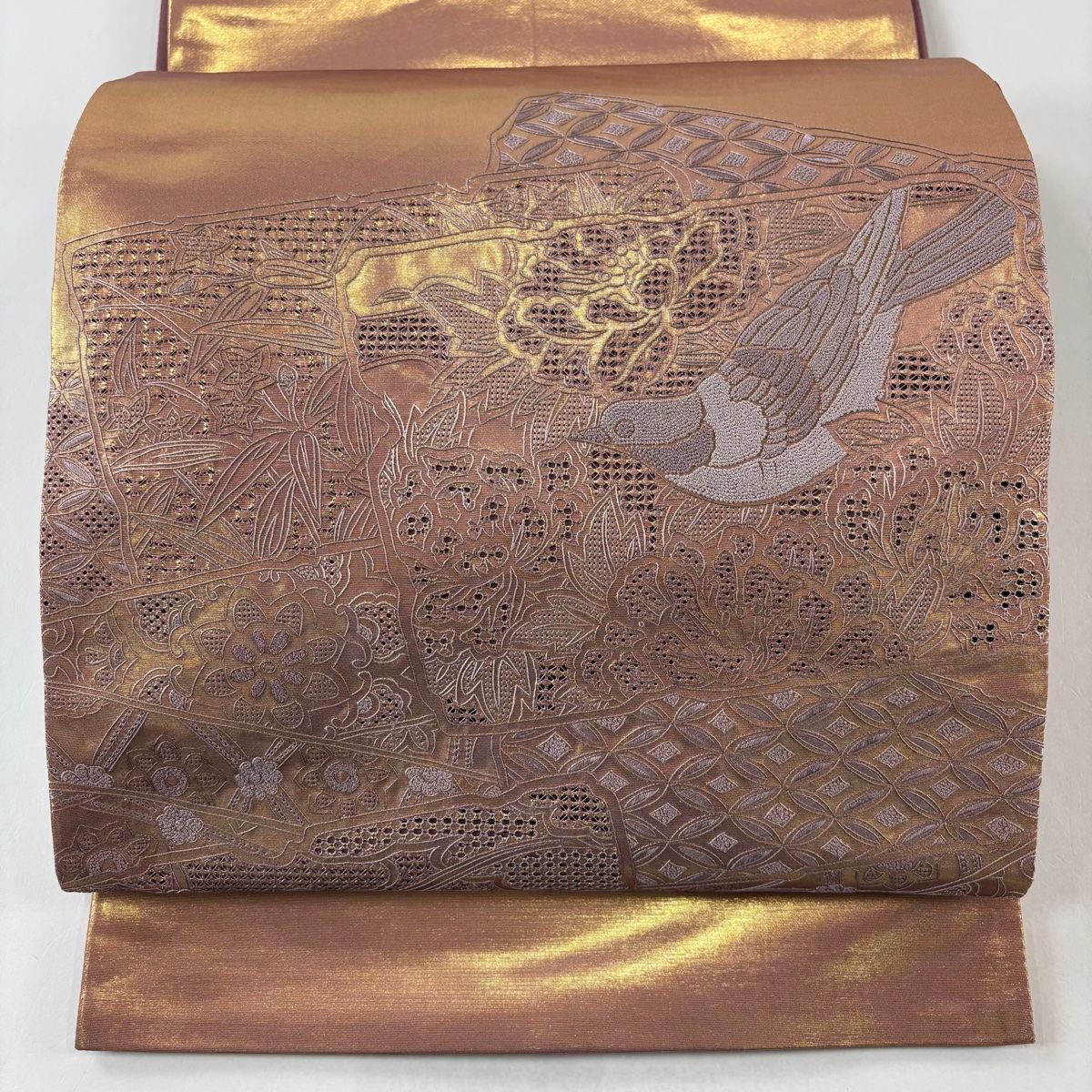袋帯 秀品 鳥 七宝 刺繍 箔 小豆色 お太鼓柄 正絹