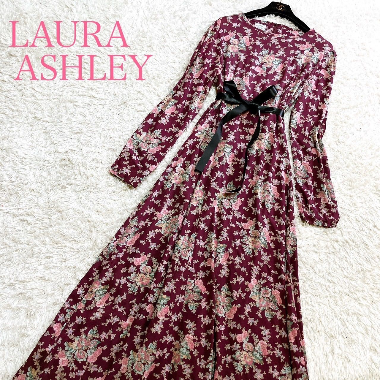 秋色✨美品 LAURA ASHLEY ローラアシュレイ ロングワンピース マキシ丈 フレア 花柄 総柄 くるみボタン UK44 XL 13号  大きいサイズ ボルドー系 - メルカリ