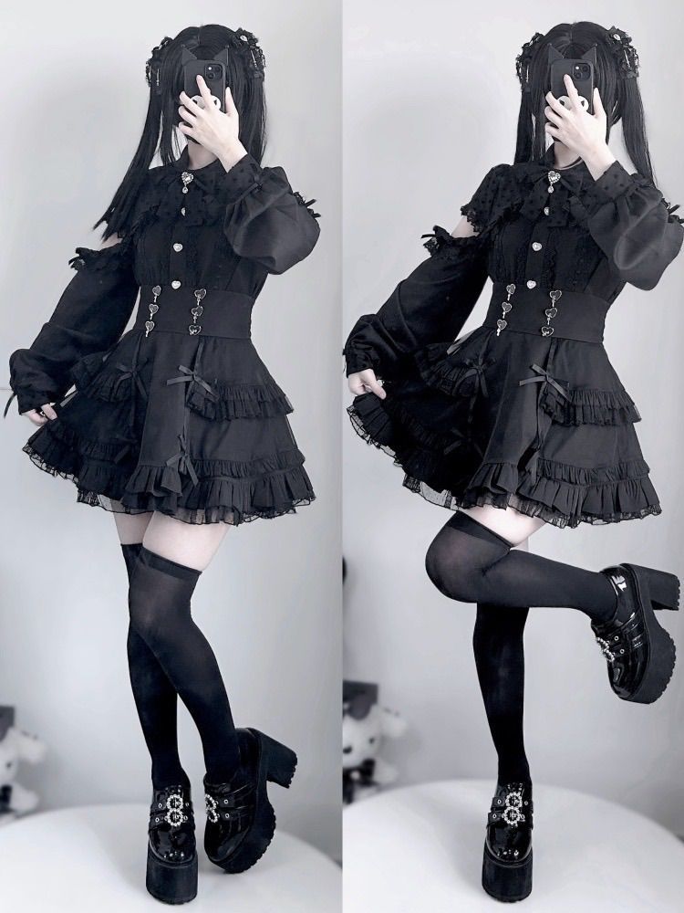 黒 ブラック 肩出し ゴスロリ 量産型 ガーリー サブカル 服 ワンピース ロリィタ 長袖 コスプレ セットアップ 地雷系 渋谷