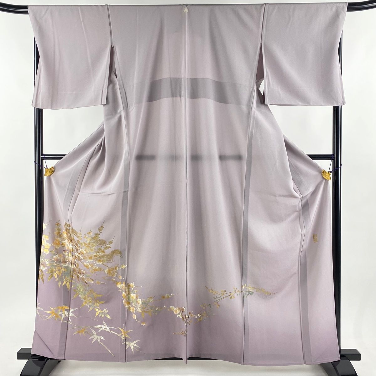 色留袖 身丈162.5cm 裄丈69cm L 単衣 和田光正 落款 枝梅 笹 金銀彩 裾ぼかし 薄紫 正絹 一つ紋