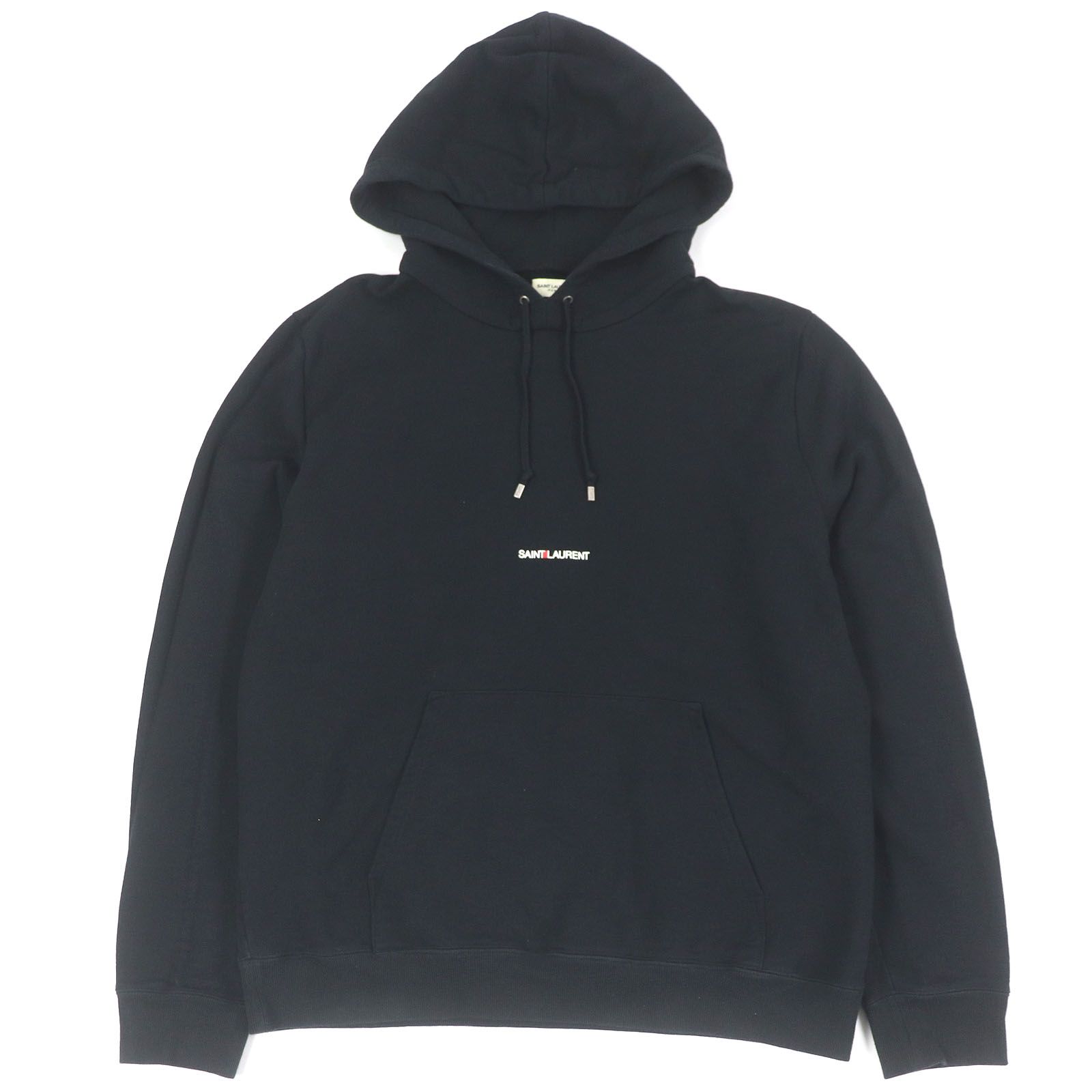 ドンドン見直し □SAINT LAURENT PARIS サンローランパリ 677259 コットン100％ ミニロゴプリント プルオーバーパーカー ブラック XL フランス製 メンズ