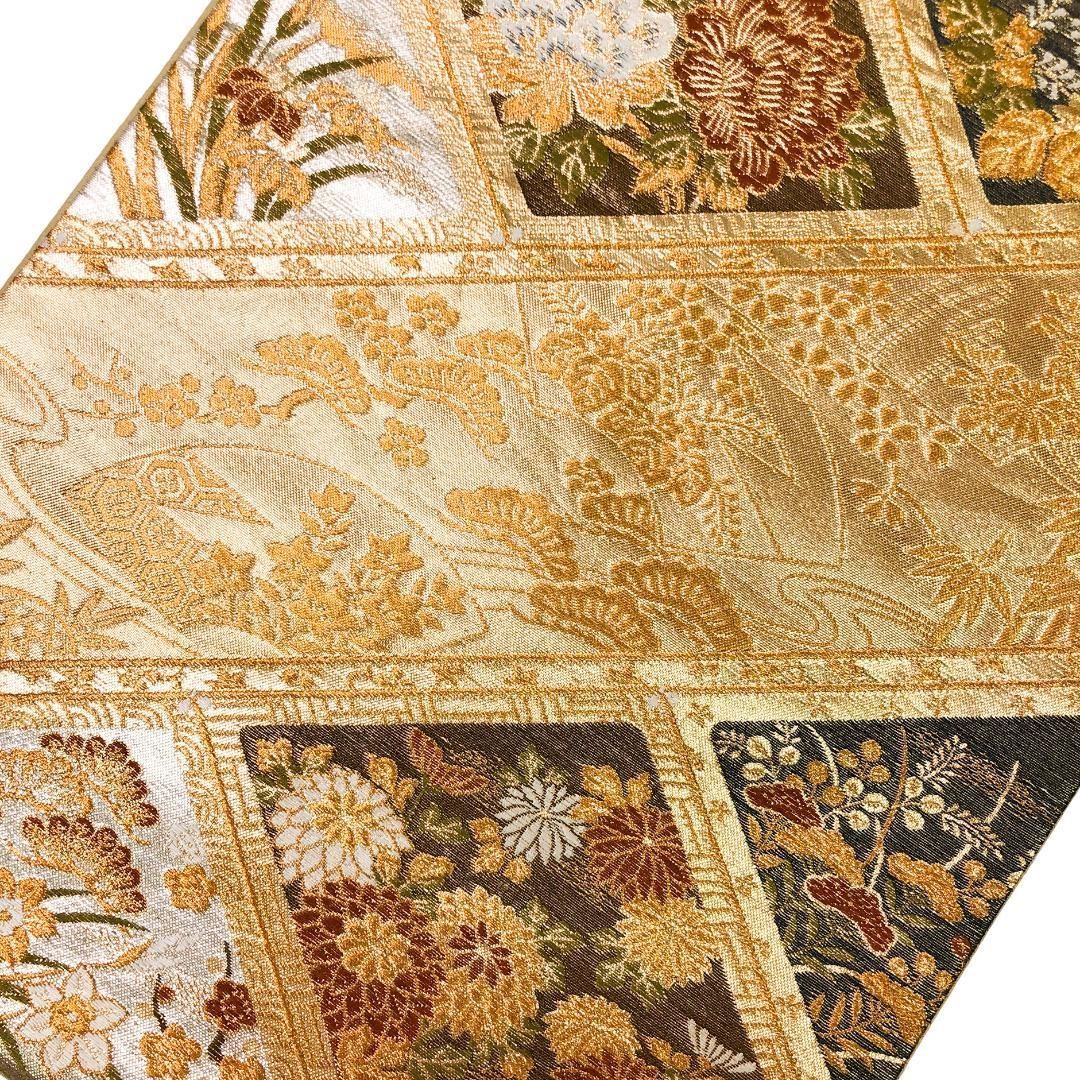 袋帯 菱形に四季の花柄模様 松 鳥 金色 金糸 O-4932 袋帯 菱形に四季の花柄模様 松 鳥 金色 金糸 O-4932 - メルカリ