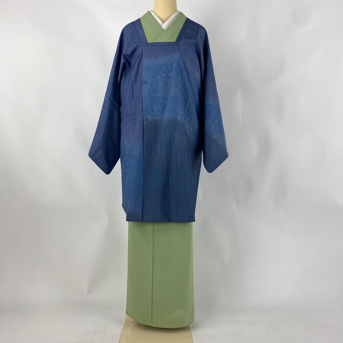 道中着 身丈103cm 裄丈65cm M やってくれ 和装コート 縦縞 幾何学模様 青紫 