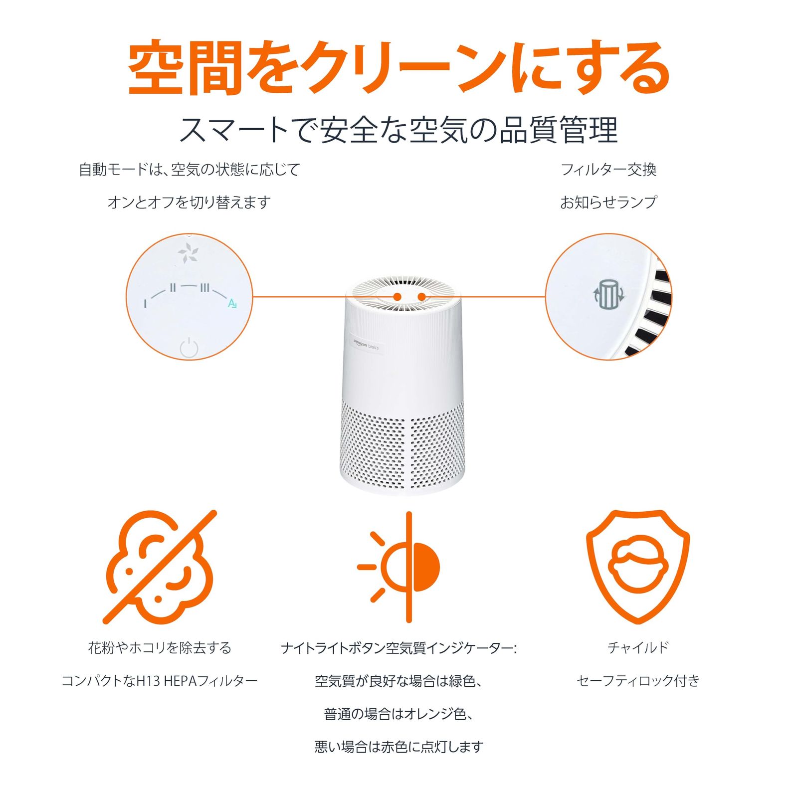 ベーシック 空気清浄機 小型 8畳|本体 花粉 ハウスダスト HEPAフィルター ホワイト
