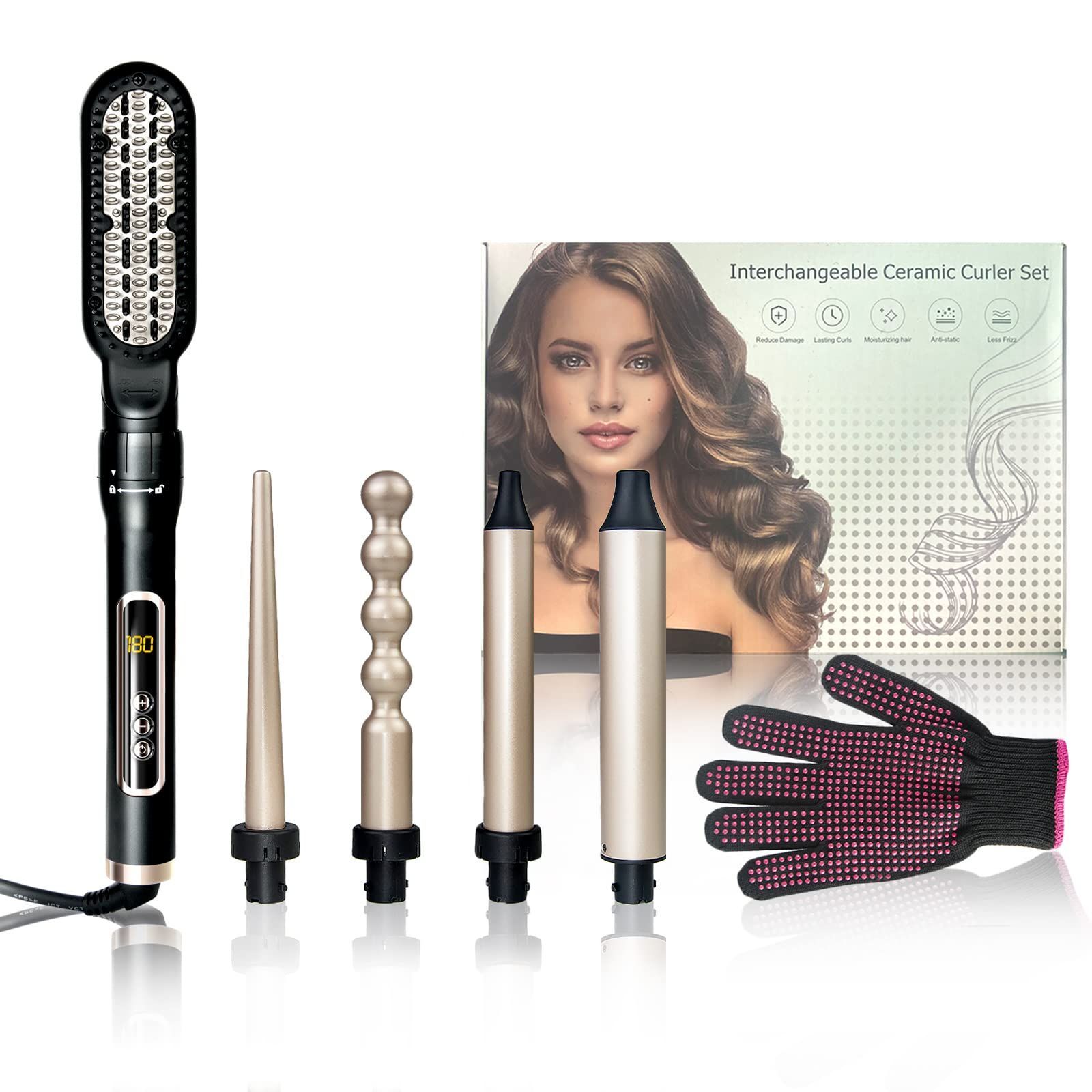 【特価商品】KLD オートカールアイロン コームヘアアイロン内巻き・外巻き アイロンブラシショートヘア 5段階温度調節可能 80～230半導体加熱 5 in 1 多機能 セラミックコーティング 液晶ディ