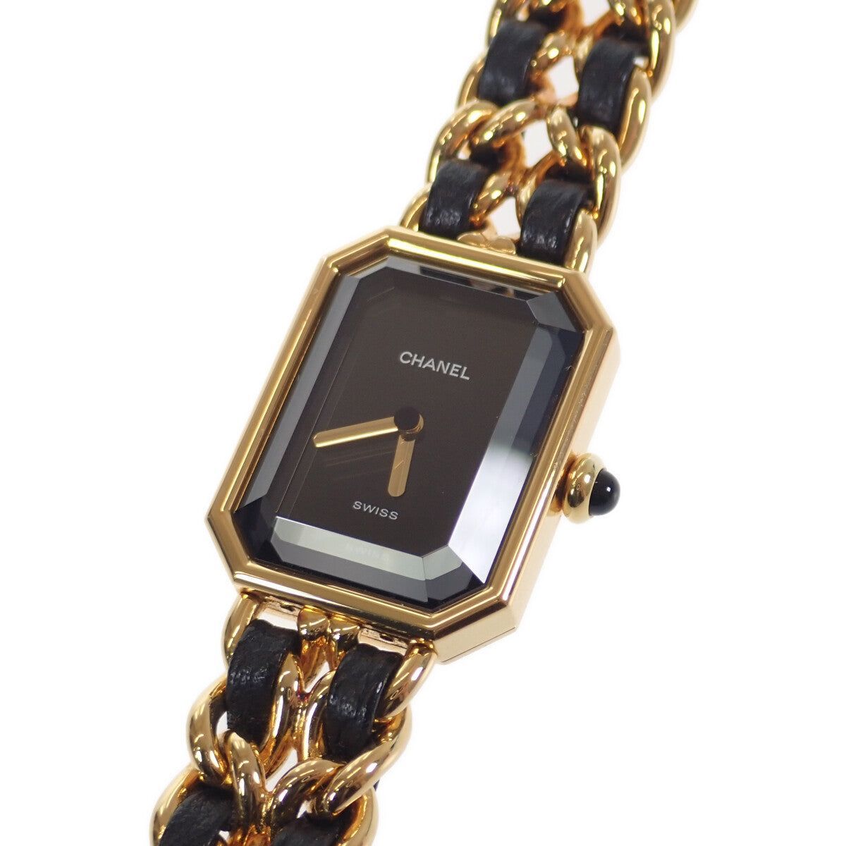 CHANEL プルミエール レディース 腕時計 H0001 GP レザー 黒 ブラック文字盤 Lサイズ クォーツ ゴールド