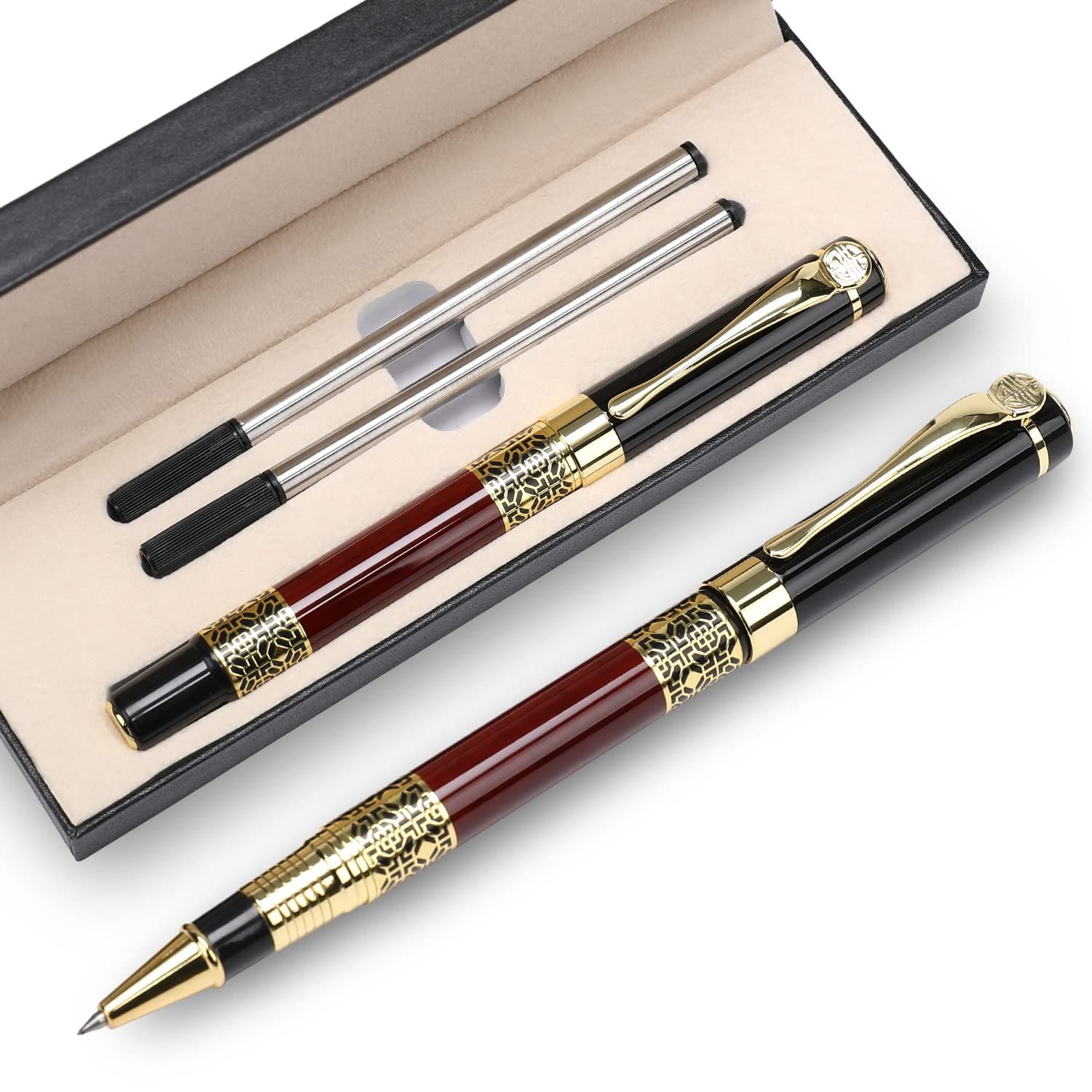 パーソナライズカスタムペン 無料彫刻ペン ローラーボールペン 中字 詰め替えペン ブラックインク 男性、女性、上品なギフトボックス(レッド) [レッド]