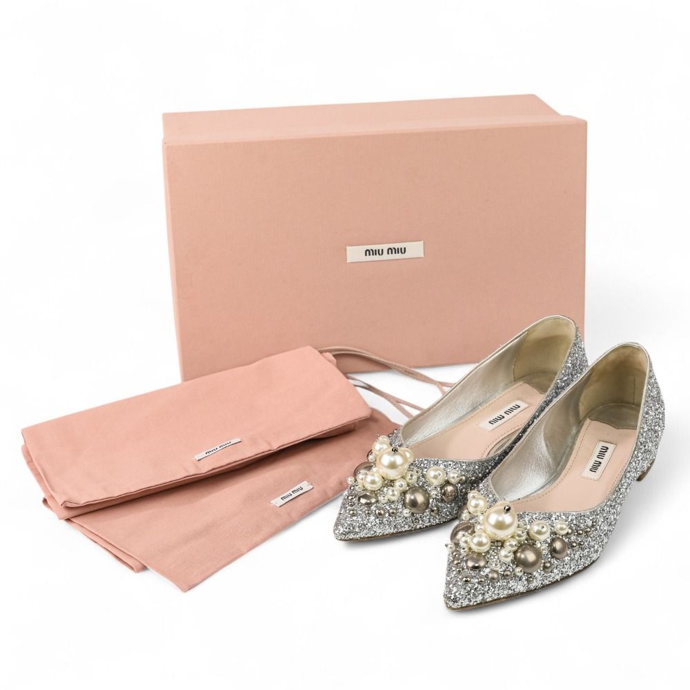miumiu グリッターパンプス 美品 miu miu ミュウミュウ パール スタッズ ポインテッドトゥ