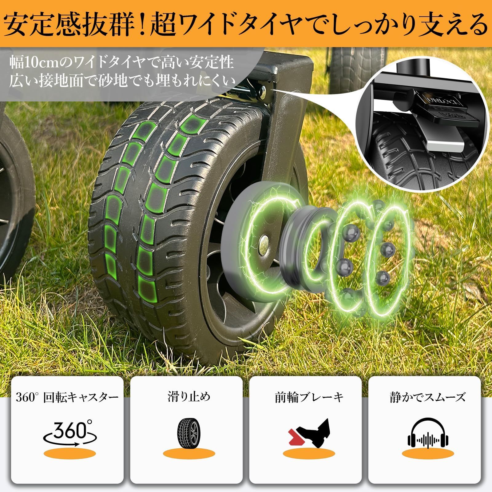 濃厚な アウトドア キャリーワゴン 大容量160L 折りたたみキャンプカート 10cm大型タイヤブレーキ付きキャリーカート 荷物カート 耐荷重150-200kg コンパクト収納カバー付き NATGOVOD ワンタッチ収束式 花見 運動会 釣り 砂浜 引越し 買い物 B