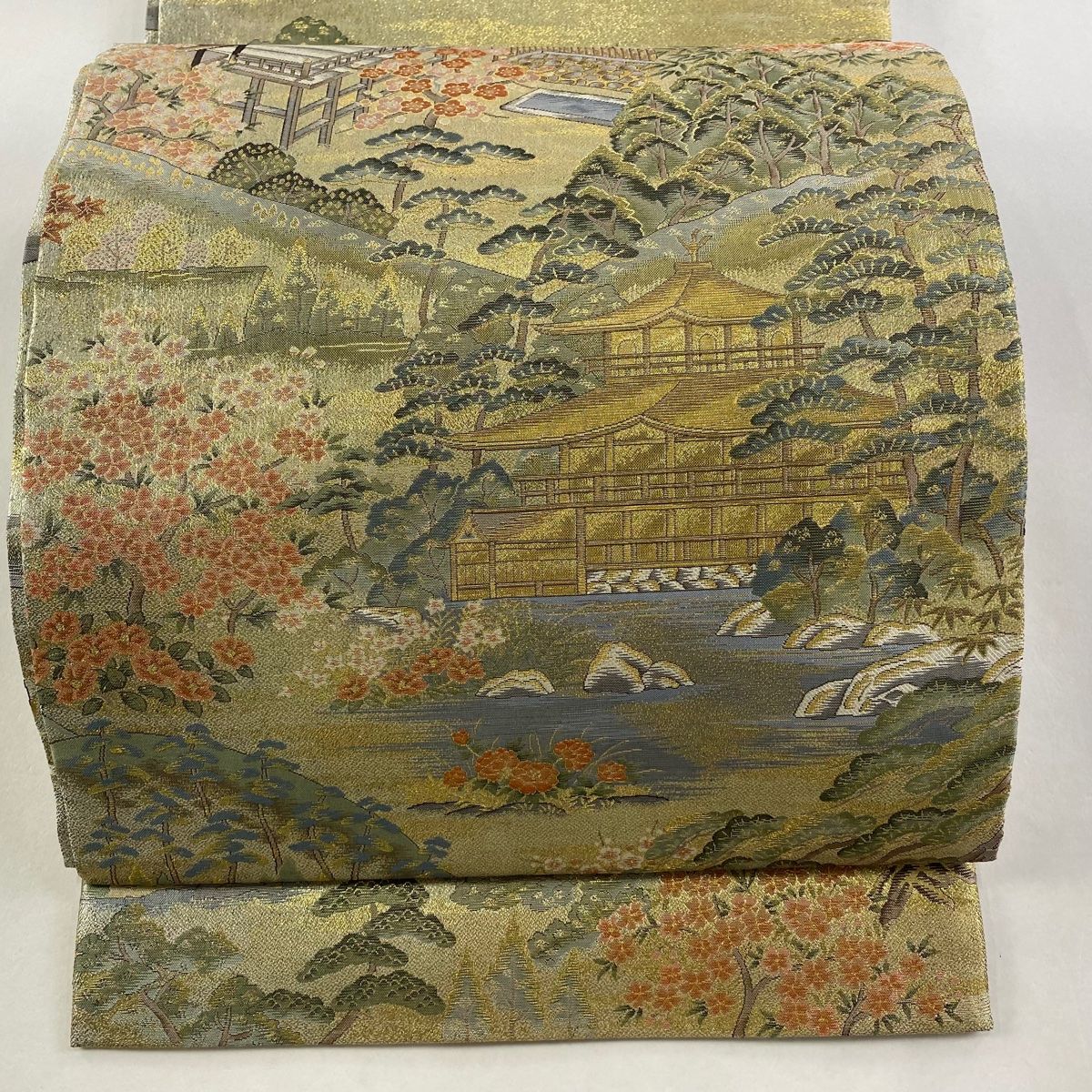 丸帯 京名所金閣銀閣 金糸 箔 金色 お太鼓柄 正絹