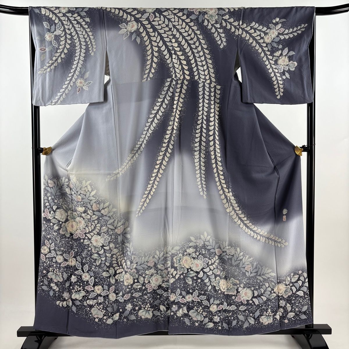 訪問着 名品 紬地 辻が花柄 絞り ぼかし 青灰色 袷 身丈153cm 裄丈