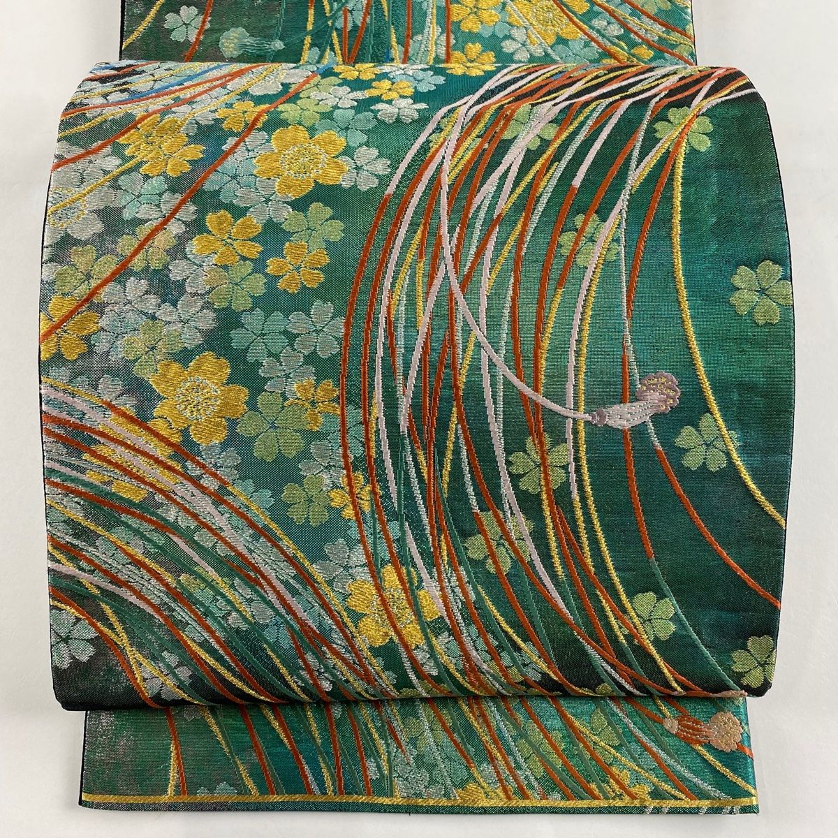 袋帯 秀品 桜 組紐 金銀糸 箔 緑 六通 正絹