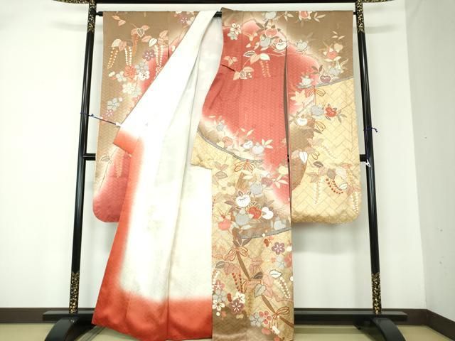 MK-1441 振袖&長襦袢セット 十日町 吉澤友禅 吾妻徳穂 菊の花波模様 霞 決算セール 吉澤友禅 新品正絹振袖 手縫い仕立付き 吾妻徳穂 赤