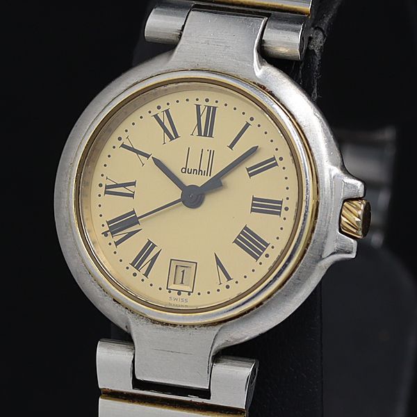 1218-10 綺麗 dunhill ダンヒル 腕時計 稼働 デイト 稼動 良品 ダンヒル 12.24248 QZ ゴールド文字盤 デイト