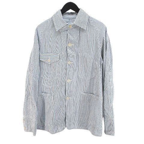 ポストオーバーオールズ  POST O'ALLS 長袖 カバーオール ジャケット M 青系 ブルー ストライプ柄 ボタン ポケット USA製