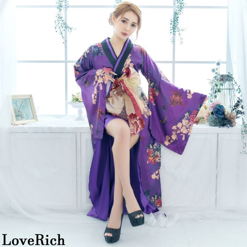 LoveRich ラブリッチ 5 蝶々柄 花柄 豪華 リボン 花魁 着物 ロングドレス イベント ハロウィン コスプレ 衣装 キャバドレス 0754