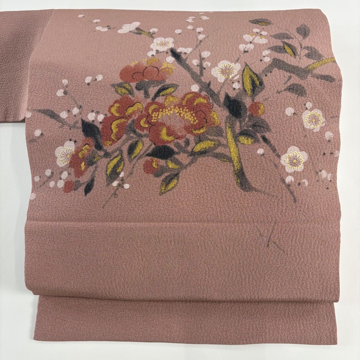 袋帯 美品 名品 草花 鳥 相良刺繍 銀糸 山吹茶色 お太鼓柄 正絹