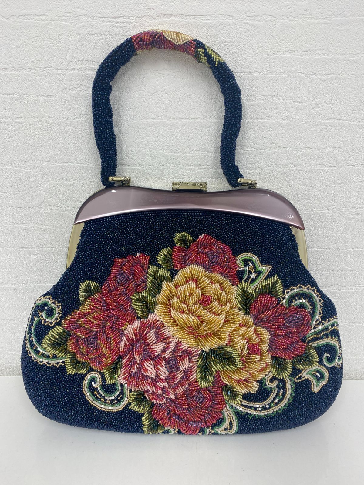 B-738 ビーズバッグ 花柄 ネイビー がま口 和装バッグ 持ち手付 レトロ