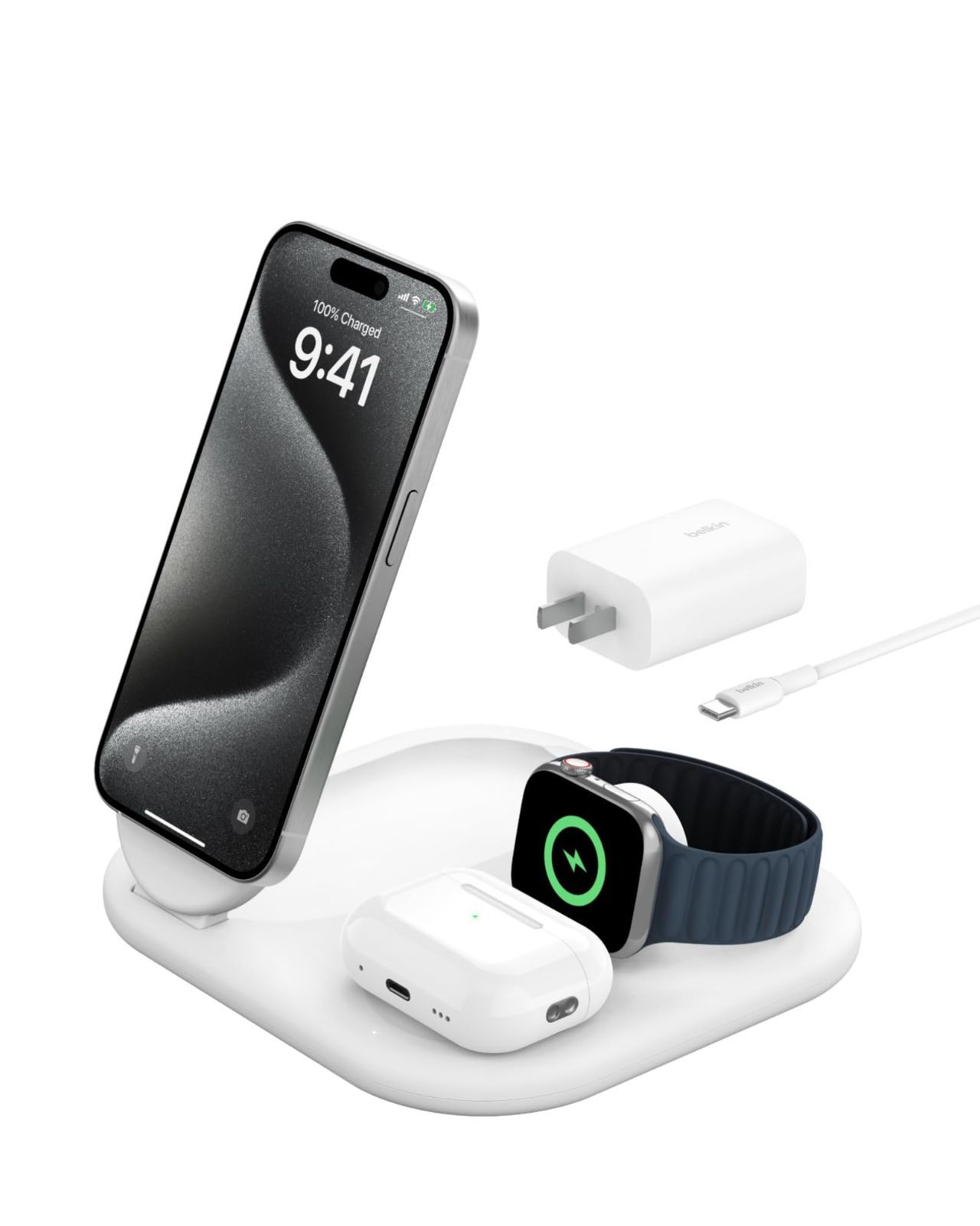 Belkin Qi2 3-in-1 Qi2 折りたたみ式充電パッド Qi2公式認証|MagSafe対応 iPhone 16|15|14|13|12|Qi2対応スマートフォン 最大15W高速充電 AirPods|ワイヤレス充電対応イヤホン 5W充電 A