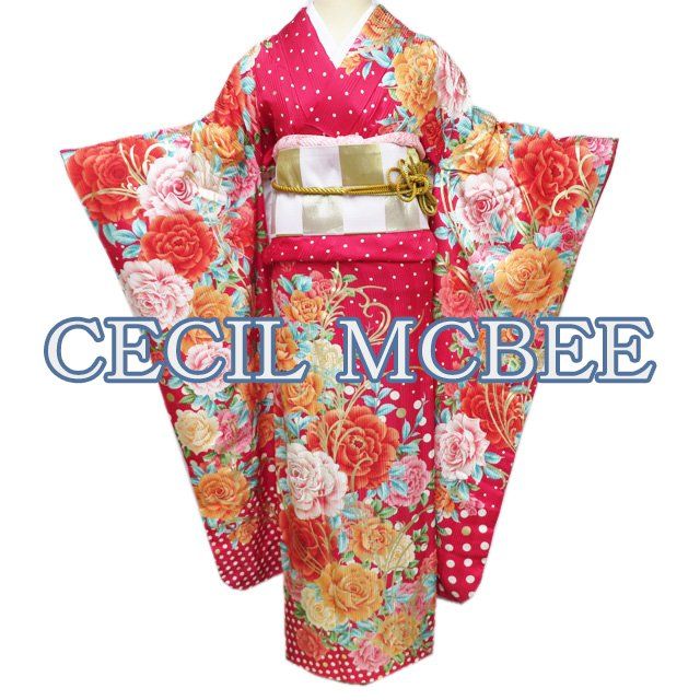 振袖 着物 中古 正絹 CECIL McBEE 水玉模様 花模様 薔薇 地模様