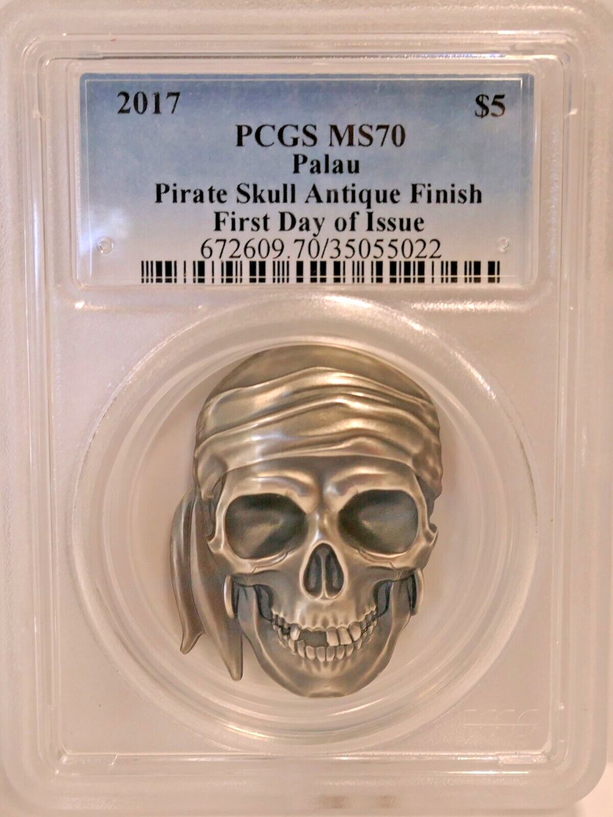 2017 Palau $5 Pirate Skull Antique Finish PCGS MS70 First Day Of Issue