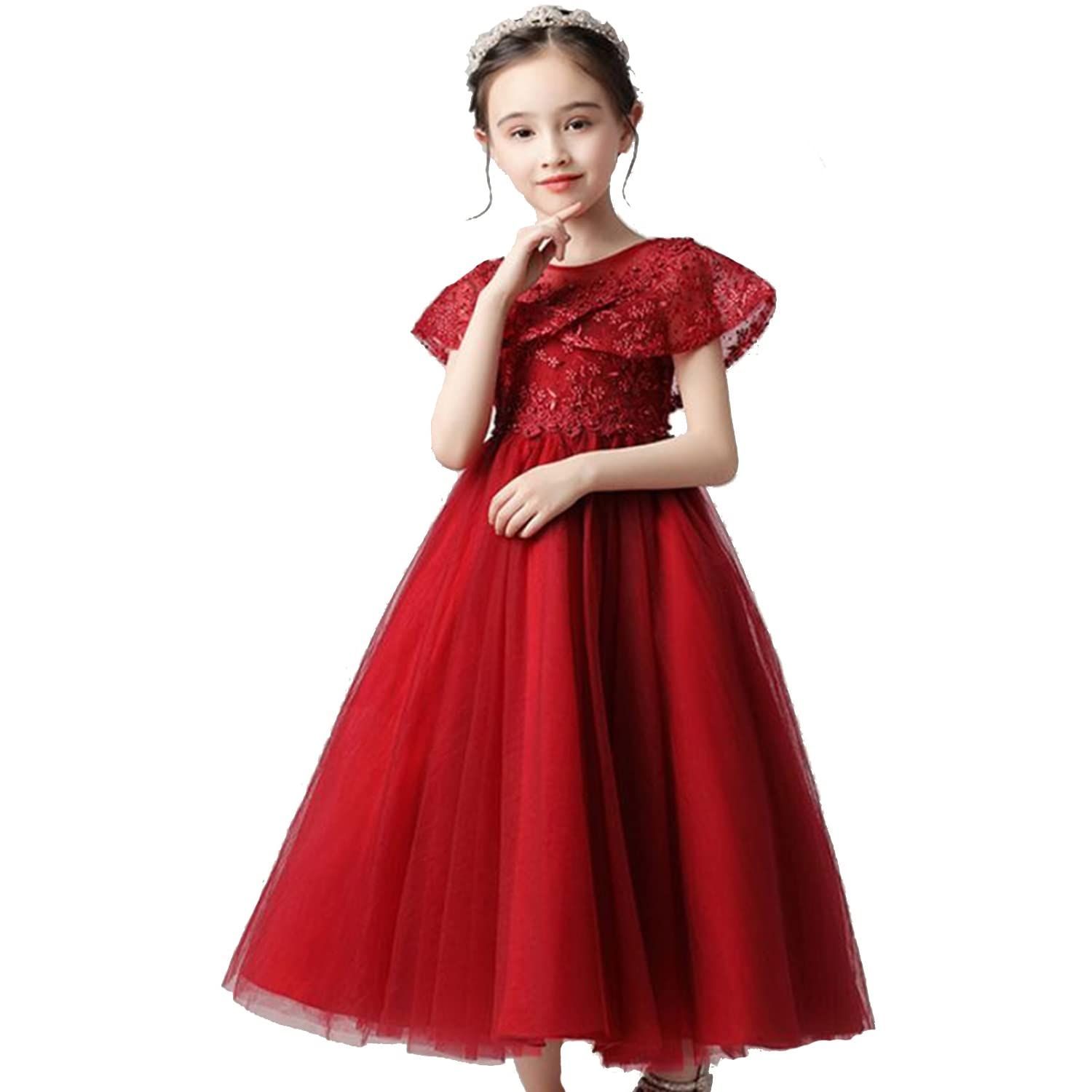 160_レッド VIISEN 子供 ドレス キッズ ピアノ 発表会 ドレス 女の子 演奏会 ドレス ジュニアドレス フォーマル 結婚式 誕生日 花嫁介添人 パーディー 上品 刺繍 エレガント 子ども ドレス 110-170cm レッド 160