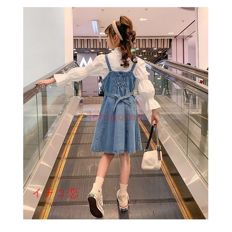 韓国子供服長袖点セットトランペットスリーブシャツ サロペットスカート女の子