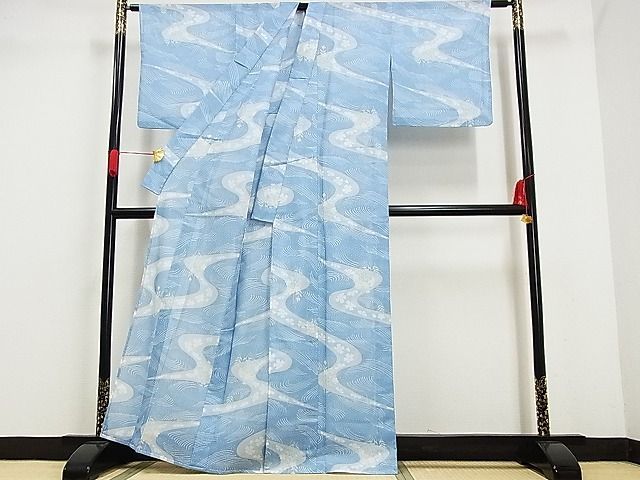 平和屋-こころ店■夏物　小紋　流水草花文　着丈162cm　裄丈65cm　洗える着物　A-ck4387