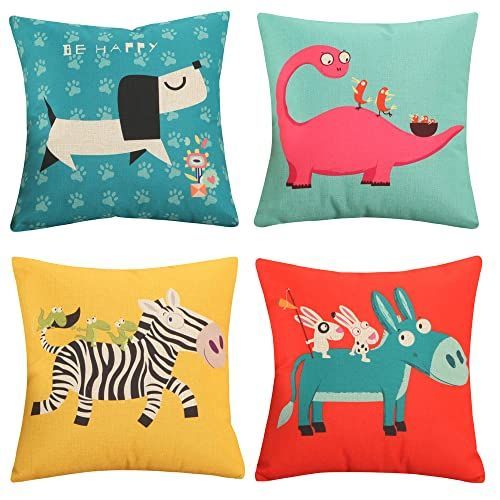 50x50_動物柄A YunJeude クッションカバー 50x50cm 4枚セット 北欧 幾何学模様 違う柄 リネン 亜麻 可愛い おしゃれ ファスナー モダン 四季通用 インテリア ベッドルーム ソファー用クッションカバ