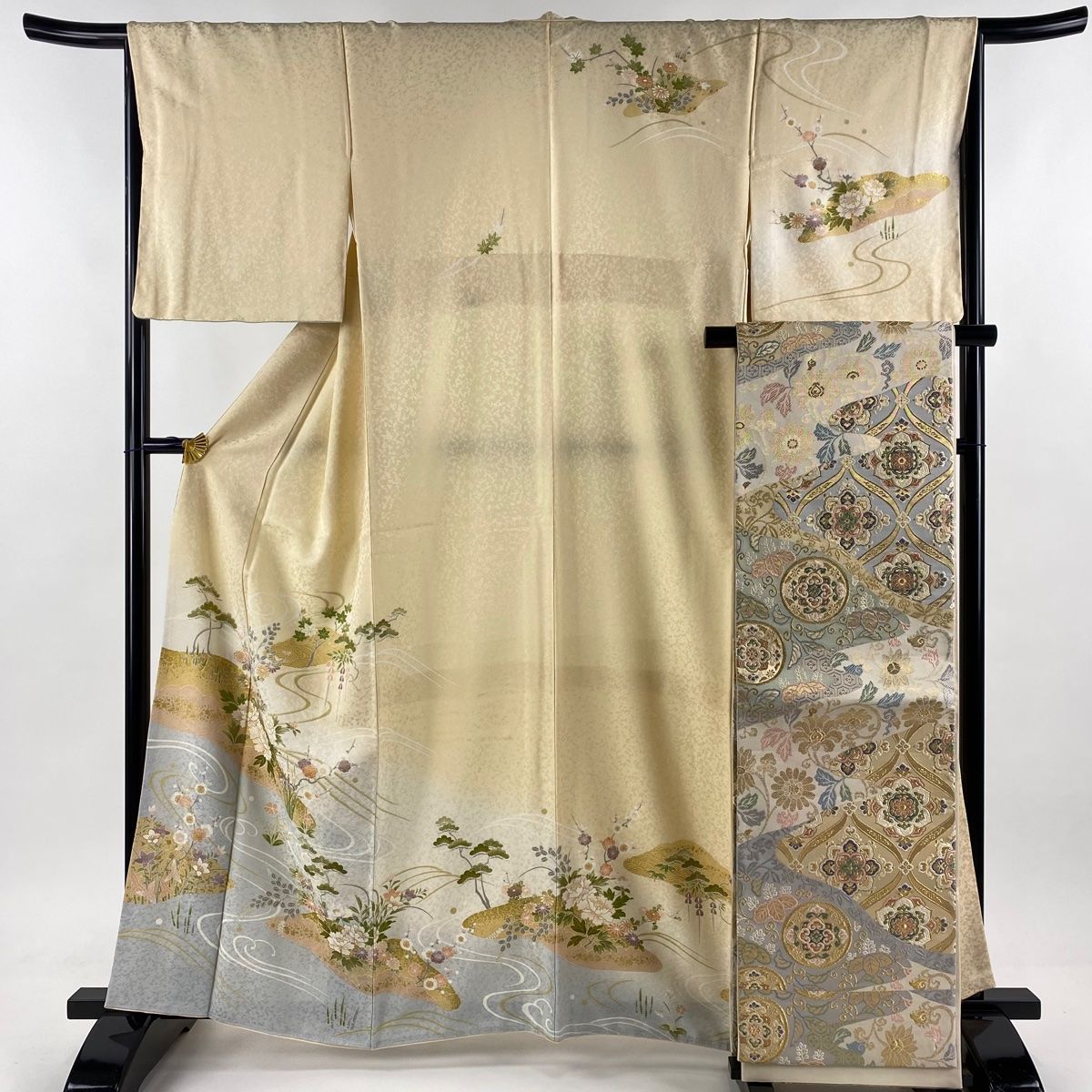 訪問着 身丈162cm 裄丈65.5cm M 袷 袋帯セット 草花 流水 金彩 クリーム 正絹 名品