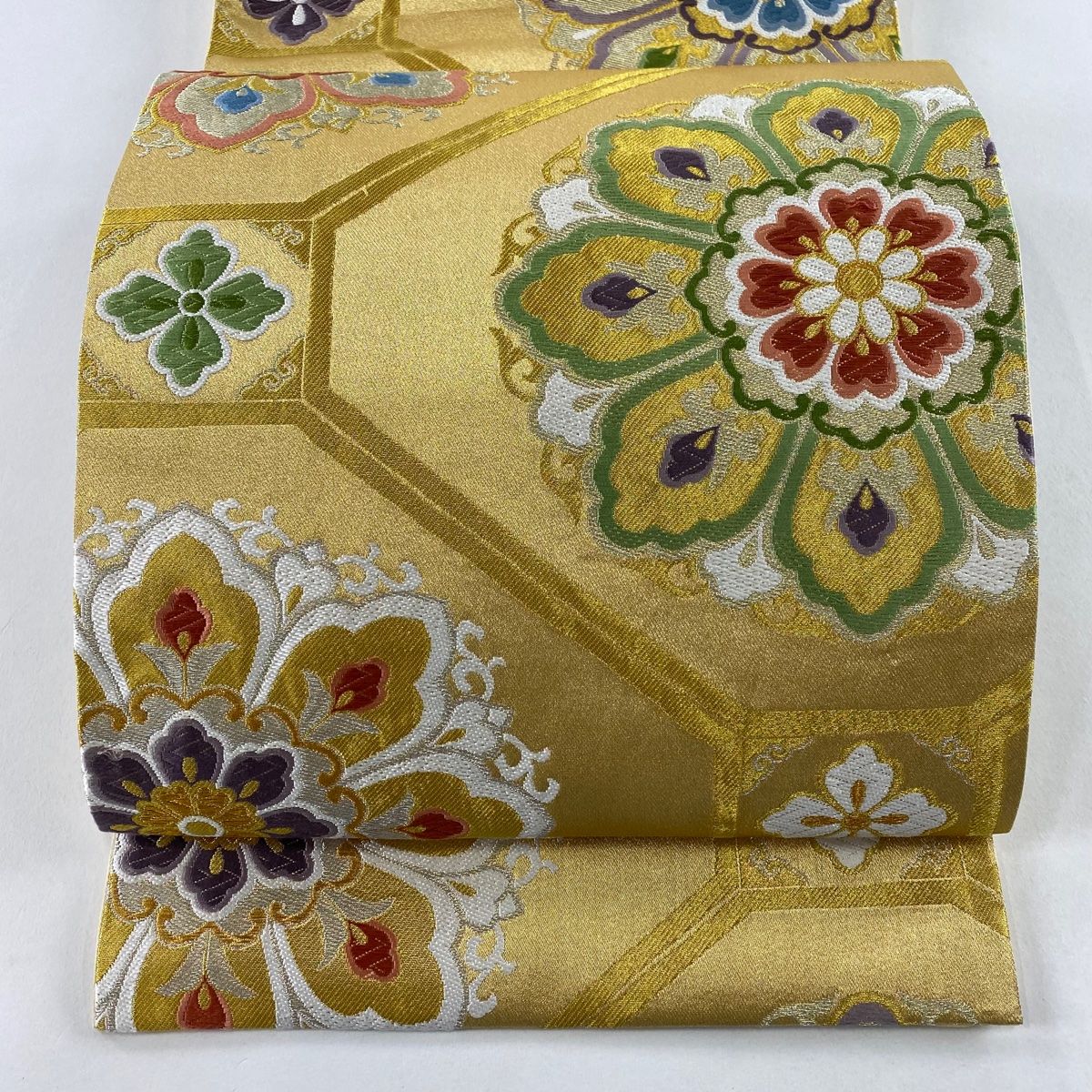 はな 名古屋帯 美品 優品 扇 牡丹 金銀糸 オレンジ 正絹 中古 名古屋帯 美品