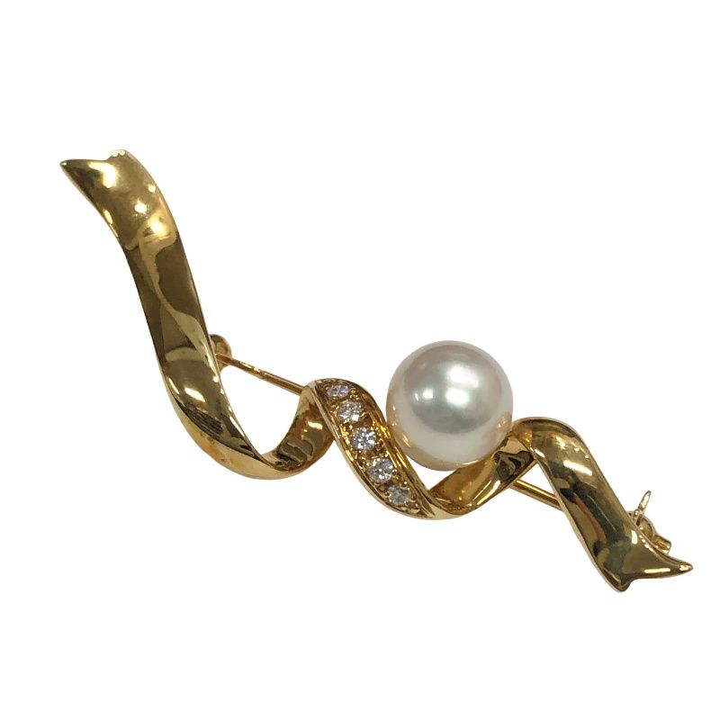 MIKIMOTO ミキモト リボンモチーフ ブローチ K18刻印 真珠 珠径約8.4mm メレダイヤモンド パール アクセサリー 22509K414