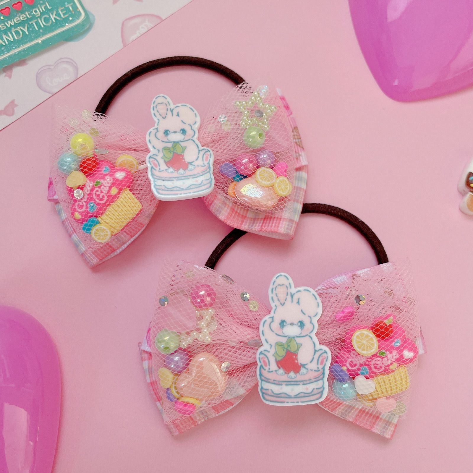 オーガンジーリボン♡ツイン♡ヘアゴム♡うさぎ うさぎ♡ ゆめかわ チュールリボン ツイン ハンドメイド リボン