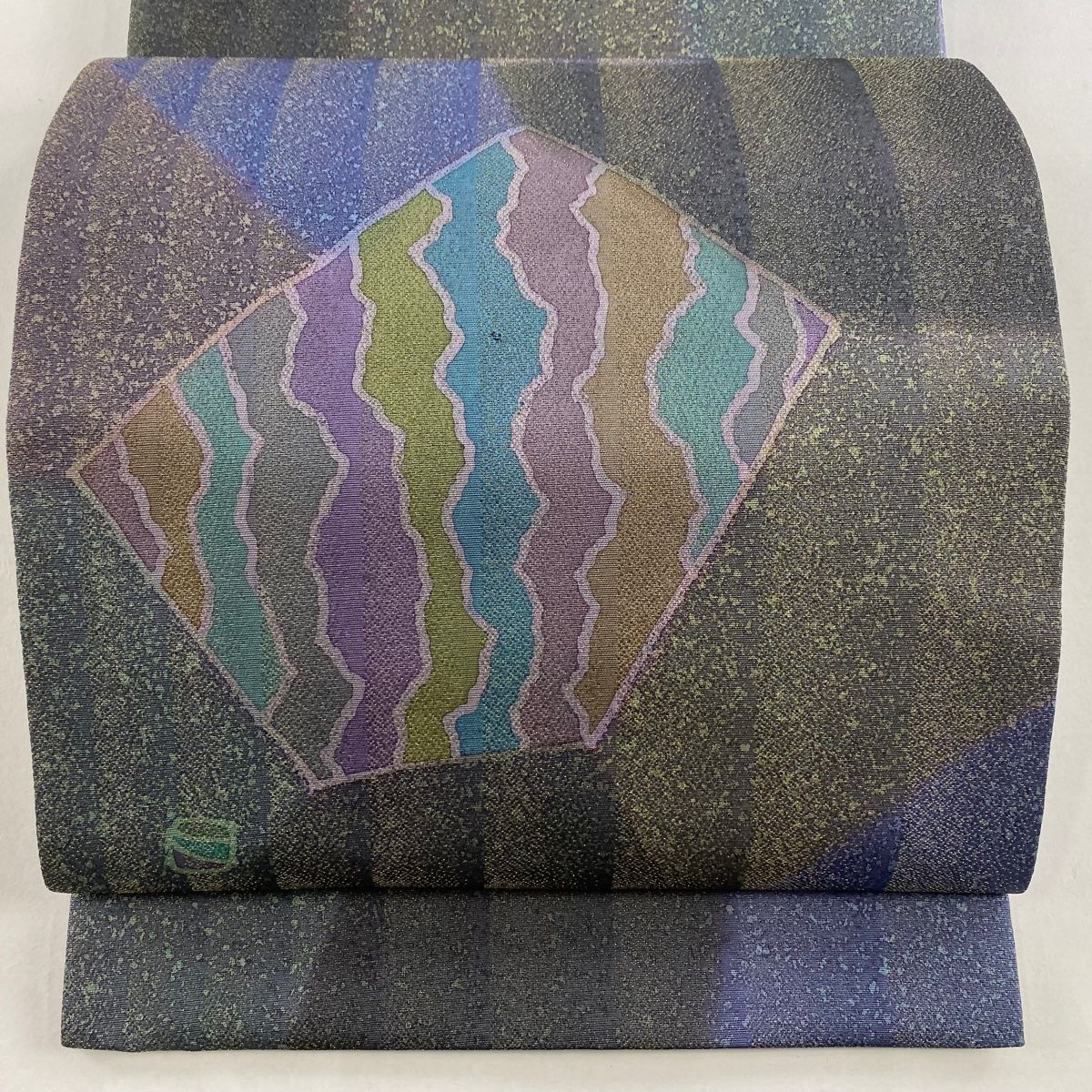 袋帯 美品 名品 縞 幾何学 金糸 紫 全通 正絹 袋帯 秀品 幾何