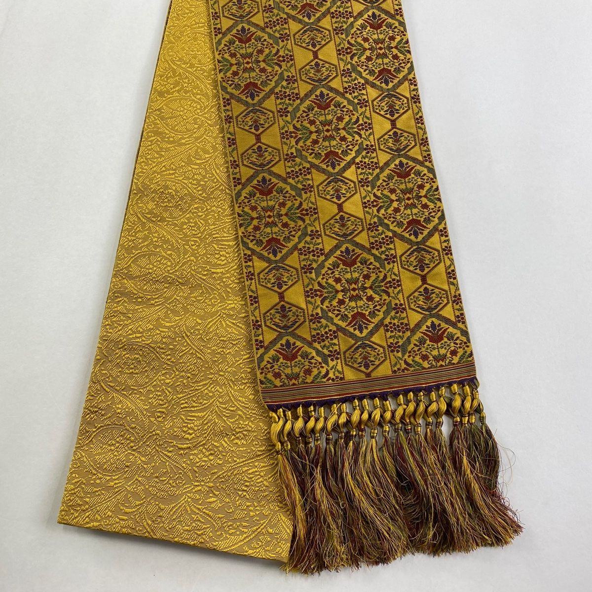 半幅帯 秀品 草花 亀甲 薄黄土色 正絹