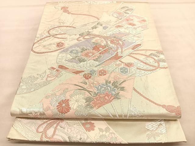 平和屋着物◎六通柄袋帯 唐織 扇面文箱花文 銀糸 正絹 逸品